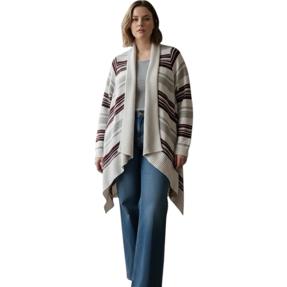 Torrid Striped Open Front Waterfall Knit Boho Cardigan in Ivory/Red Size 2
